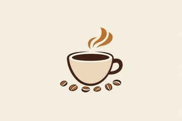Elegant minimalist coffee cup logo with steam and scattered coffee beans in warm tones