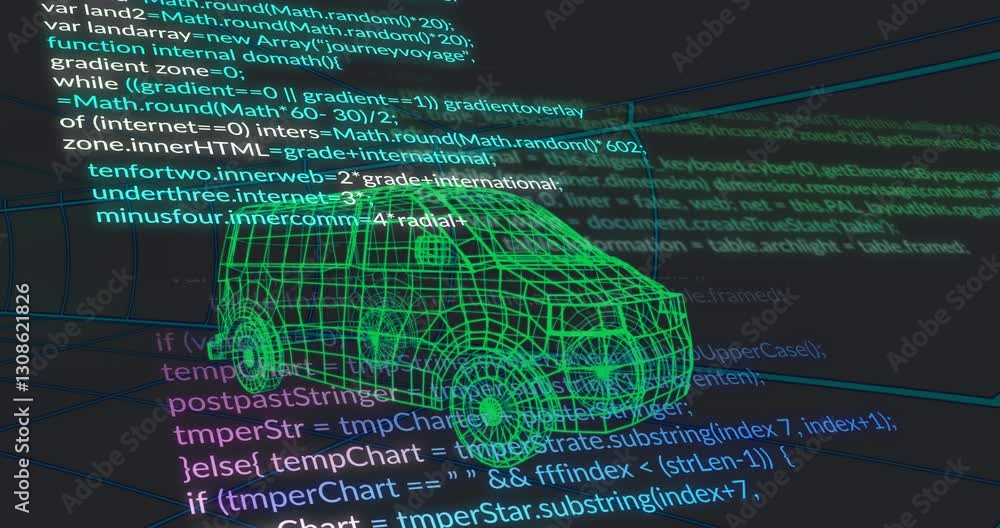 Poster animation of green wireframe van model with programming code in digital setting