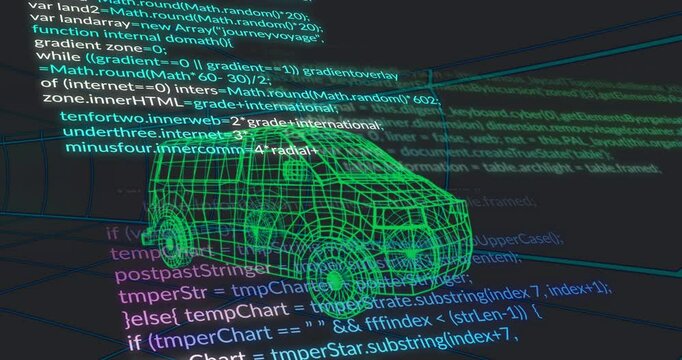 Animation of green wireframe van model with programming code in digital setting