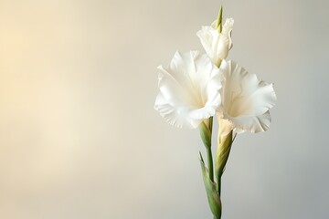 Obraz premium Elegant white gladiolus flowers on light background.