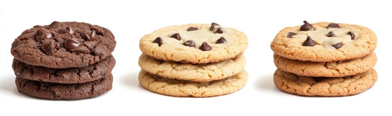 Chocolate chip cookies stacked on white background