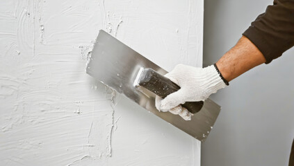 Professional wall plastering with worker applying white plaster using metal trowel. Perfect for home renovation, construction services, interior finishing, and building materials advertising