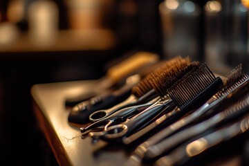 Barber shop tools arranged on wooden counter