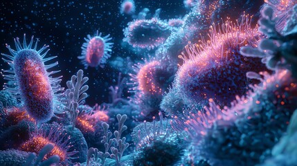 Obraz premium Colorful microbes in a surreal underwater scene.