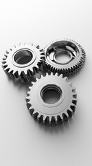 Three polished metal gears placed on a reflective surface, representing precision, industrial design, and the mechanics of engineering. Sleek and modern aesthetic.. AI Generation