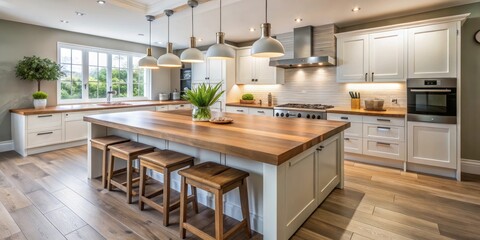 Elegant Kitchen Island with Wooden Countertop and White Cabinets Featuring Modern Pendant Lighting and Hardwood Floors