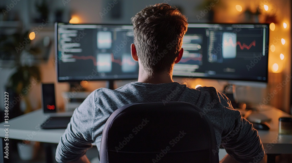 Poster young programmer working late at night on a big computer screen web man data code dark desk light