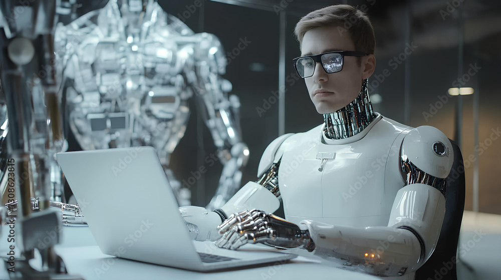 Poster ai, artificial intelligence, man uses laptop to access artificial intelligence tools for content cre