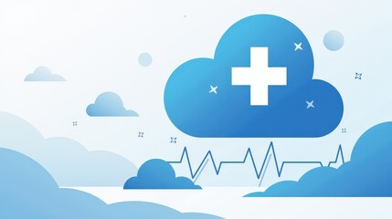 A stock illustration representing Social justice in sky blue and white, with geometric shapes and metaphors of medical cross and heartbeat lines