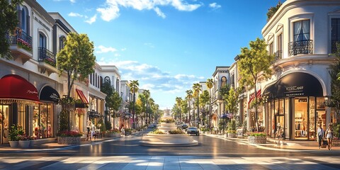 Sunny upscale street, shops, city center