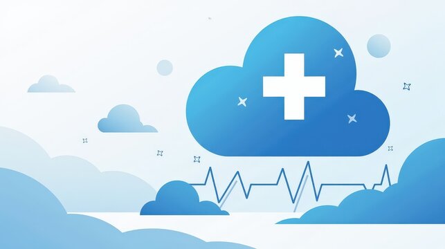 A stock illustration representing Social justice in sky blue and white, with geometric shapes and metaphors of medical cross and heartbeat lines