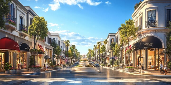 Sunny upscale street, shops, city center