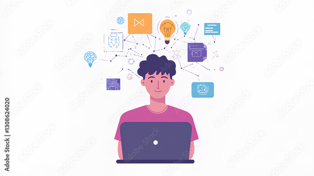 Poster ai, artificial intelligence, man uses laptop to access artificial intelligence tools for content cre