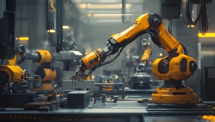 Automated robotic arms in a factory assembly line