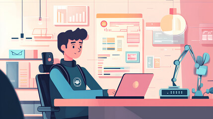 Ai, Artificial intelligence, Man uses laptop  to access artificial intelligence tools for content Creation, Chatbots, Image generation, Coding, Translation, and Digital advertising solutions