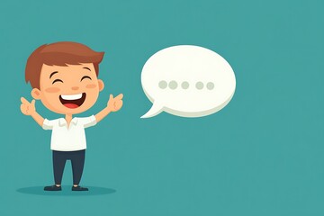 Happy boy pointing at blank speech bubble.