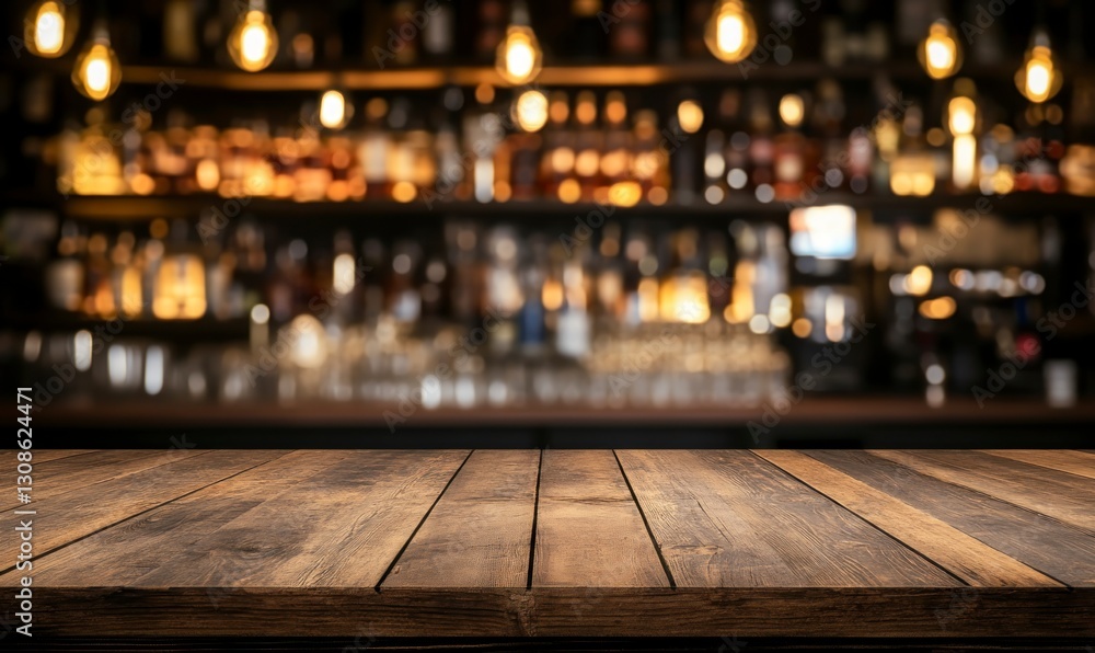 Poster Rustic Wooden Tabletop in Bar Setting with Soft Lighting and Bottles