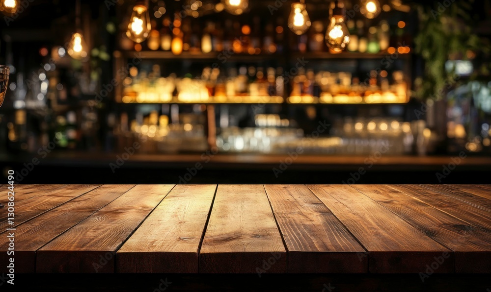 Poster rustic wooden table in a dimly lit bar with bottle display
