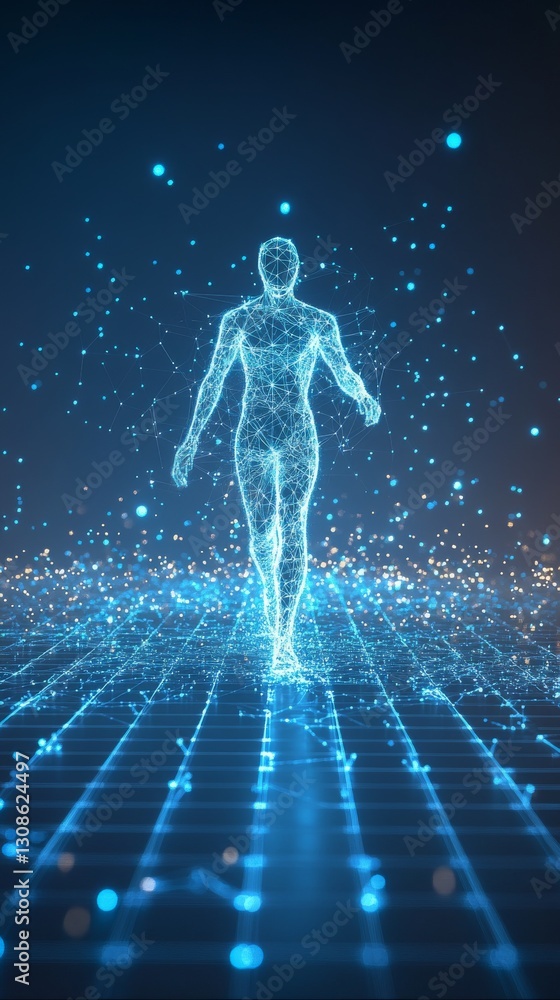 Poster a digital representation of a human figure constructed from blue wireframe elements, set against a t