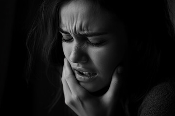 Obraz premium Young woman experiencing intense facial pain suffering discomfort face dark girl black white human