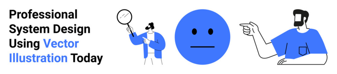 Fototapeta premium Person analyzing with magnifying glass, minimalist blue face, pointing man symbolizing research, evaluation, focus. Ideal for technology, teamwork, business, creativity design communication flat