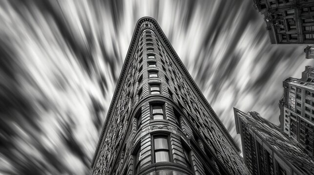Dramatic low-angle shot of a historic corner building against a blurred sky.