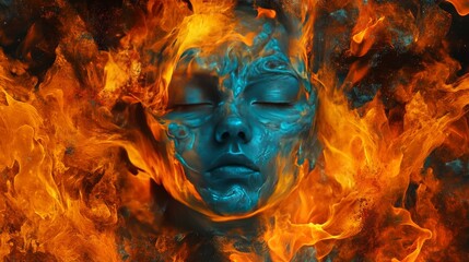 A digital rendering of a calm blue face immersed in flames, exuding a surreal, dreamlike quality. The image contrasts serenity with intense fire, creating a compelling visual of inner peace amid chaos