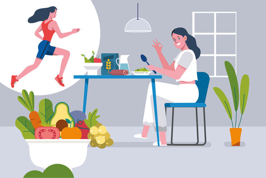Woman eating healthy food and thinking about running