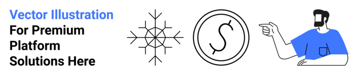 Snowflake and coin icons combined with a pointing character. Ideal for business, finance, technology, branding, advertising, corporate identity, promotional media, flat landing page banner