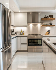 Fototapeta premium Modern Kitchen Interior: Showcasing a contemporary kitchen design with sleek lines, stainless steel appliances, and a minimalist aesthetic.