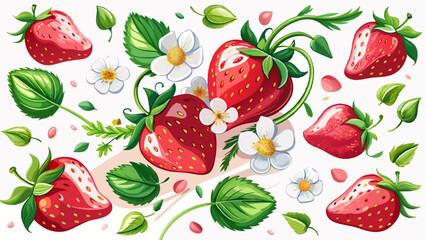 Fresh sweet strawberry berries with flower and leaves flying falling isolated on white background.