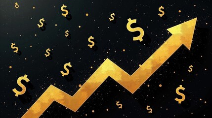 Naklejka premium A stock illustration representing Social justice in black and gold, with diagonal shapes and metaphors of dollar signs and rising arrows. Textures create spatial complexity and depth.
