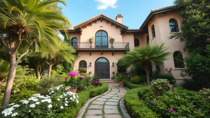 Fototapeta premium Exquisite Mediterranean Mansion with Lush Gardens and Grand Walkway – Stunning Exterior Photography
