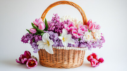 Obraz premium beautiful floral arrangement in woven basket featuring pink tulips, white lilies, and purple lilacs, creating vibrant and cheerful atmosphere. Perfect for spring decor