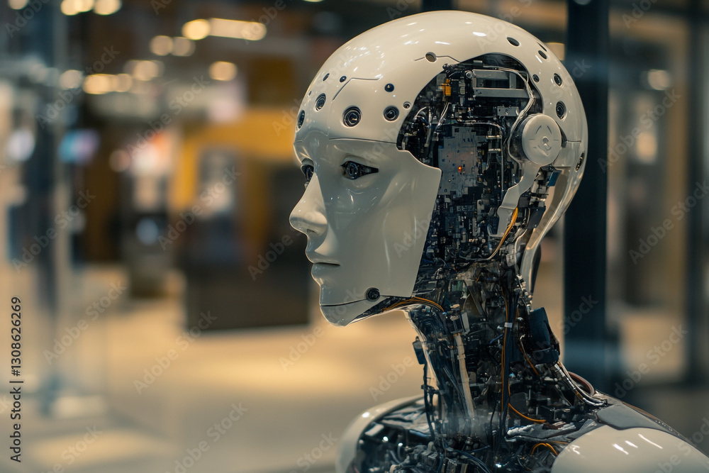 Poster advanced robotic head design futuristic technology artificial intelligence ai grey smart white futur