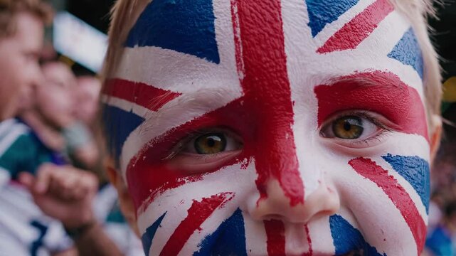 Excited British child with face painted in UK flag colors, joyful sports fan, national pride at stadium  
