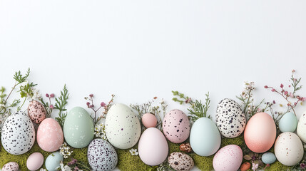 Festive Easter composition with pastel-colored eggs, speckled patterns, and delicate nests arranged on a clean white background. Soft green moss, budding branches, and small decorative flowers create 