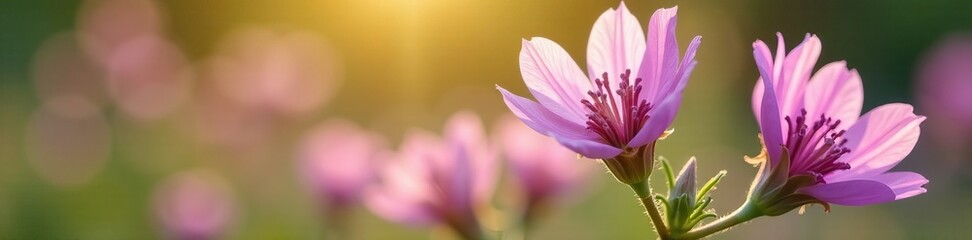 Fototapeta premium Close up of delicate purple mulla mulla flowers in soft sunlight, environment, spring, beauty
