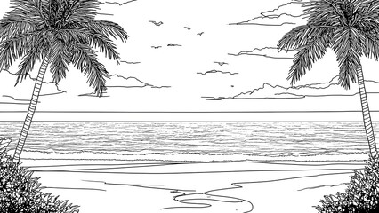 A peaceful beach scene with gentle waves lapping at the shore. A single palm tree stands tall on the sand, with the sun setting on the horizon. The sky is clear, and a few clouds are outlined simply.