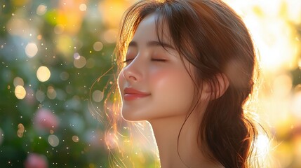 Asian woman with long silky hair applying serum calmly in a tranquil setting for ultimate hair care and shine