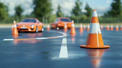 Realistic driver training course with cones and car for skill development on closed track