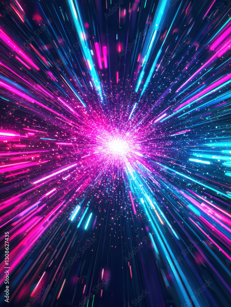 Poster neon burst: a vibrant and dynamic composition of converging neon lines explodes outward from a centr