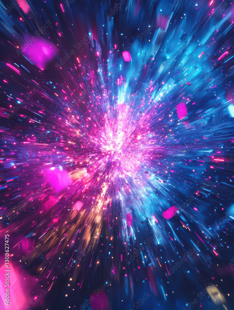 Poster cosmic burst of colors: a vibrant explosion of colors and particles, creating an abstract representa
