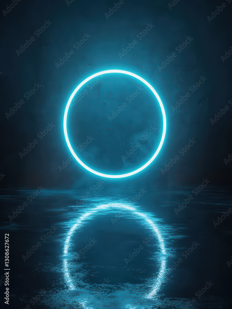 Poster illuminated circle: a captivating neon circle illuminates the darkness, its glowing form reflected i