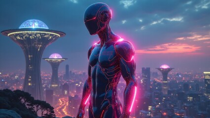 High-tech human augmentation, A cybernetically enhanced figure with neon implants glows in a bio-dome city under twilight blending tech and humanity.