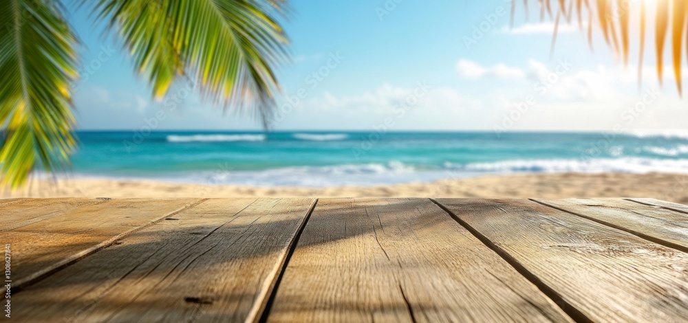 Poster wooden table surface on beach with palm trees and ocean view