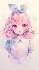 Fototapeta premium 幻想的な水彩アート パステルカラーのアリス風美少女イラスト