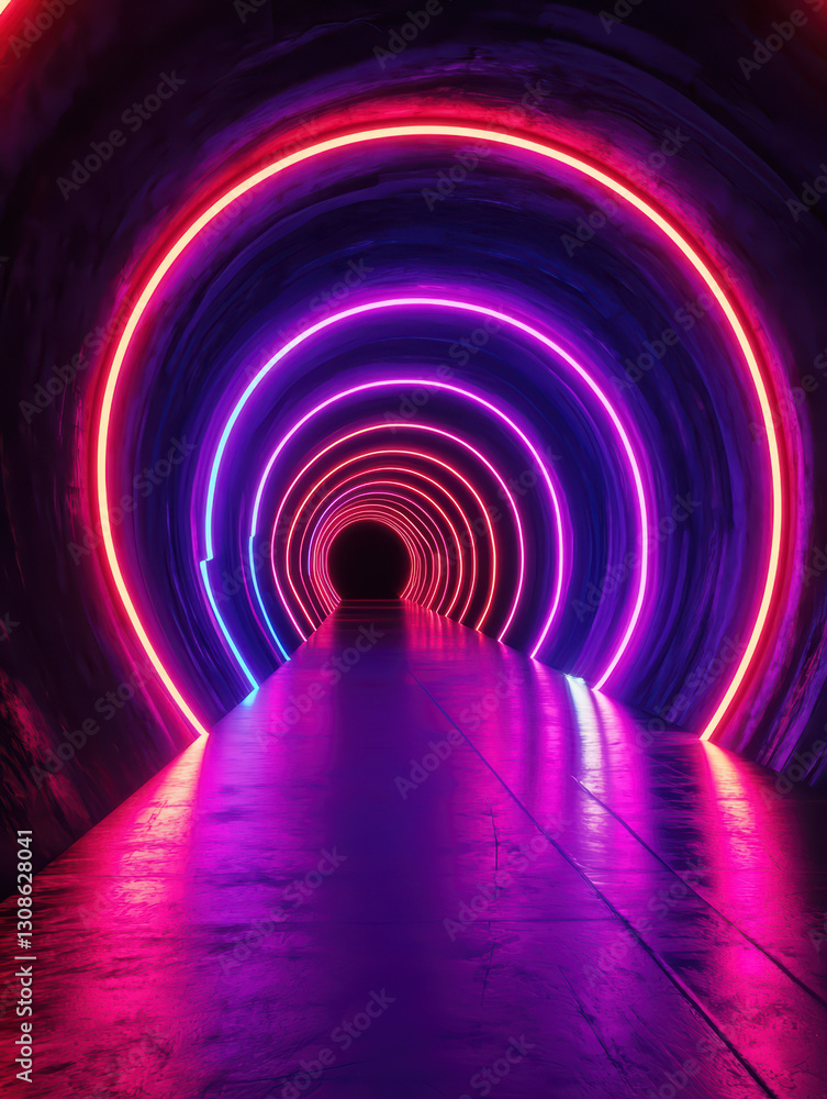 Poster neon tunnel: a mesmerizing tunnel illuminated by vibrant neon lights, creating an abstract and futur