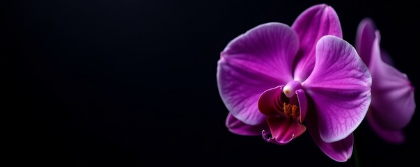 Obraz premium Close-up of elegant purple orchid on dark black background, close-up, petals, nature