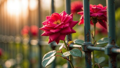 Vibrant red rose blooming on a metal fence, illuminated by soft sunset light in a charming garden background